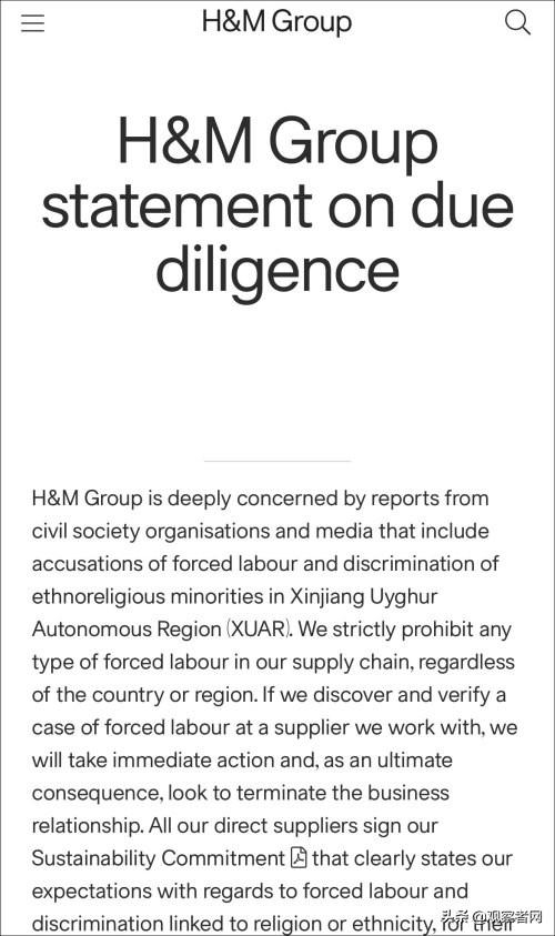 H&M集团官网尽职声明截图