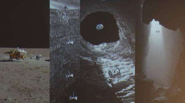 想象图：将一种漫游车放入熔岩管内，进行探测，月面上的着陆器为它提供通讯等支持 