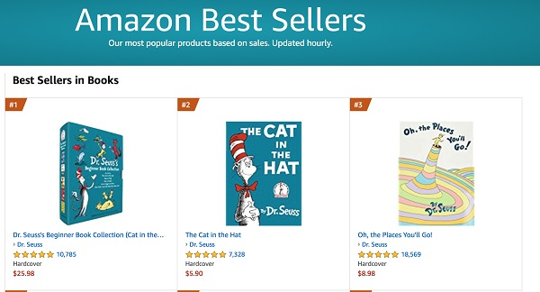 图10：2021年3月6日美国亚马逊网站截屏。在“苏斯博士”系列中的六本童书遭禁后，亚马逊热销书排行榜有7本“苏斯博士”绘本升至前十名，且稳稳占据了前三榜单。