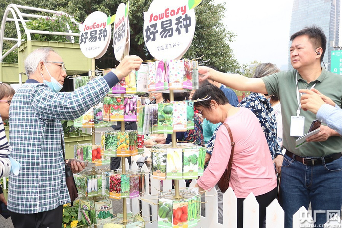 市民在现场挑选菜种子。（央广网记者 夏燕 摄）