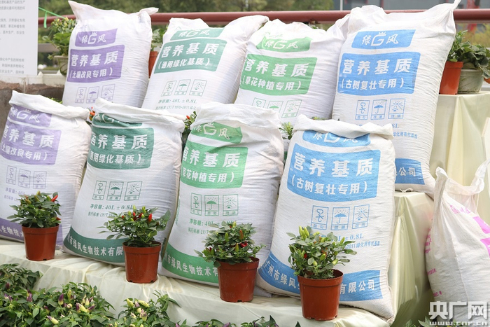 观摩现场展出的有机肥。（央广网记者 夏燕 摄）