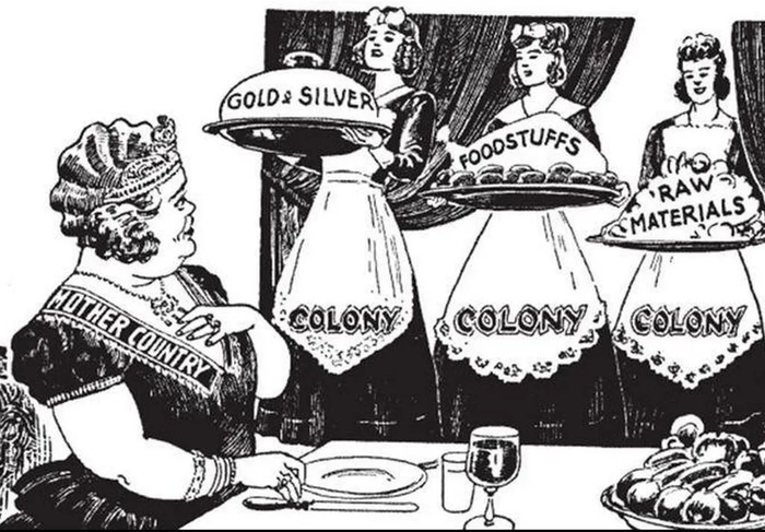 建立在单向开放和不平等基础上的贸易，往往是西方工业资本扩张的第二步。图为讽刺宗主国依靠所谓的规则与秩序来剥削殖民地的漫画。来源：wordpress.com