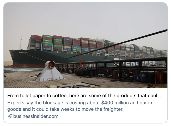 ▲从厕纸到咖啡，这些产品，由于苏伊士运河的堵塞，很快可能会供不应求。/商业内幕网报道