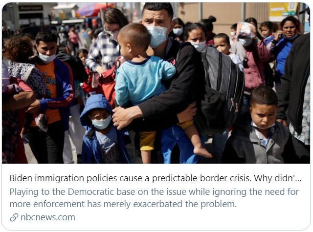 拜登的移民政策引起了一场“可预见的边境危机”。NBC报道截图