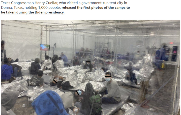 美墨边境收容和拘留的无人陪伴儿童移民。BBC报道截图