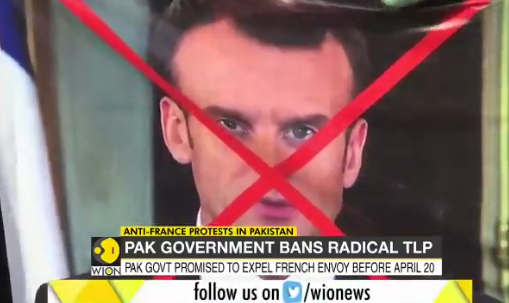 示威者手持马克龙画像以示抗议&nbsp; 图源：印度WION新闻网（下同）