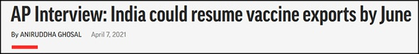 “印度可能在6月恢复疫苗出口”，美联社7日报道截图