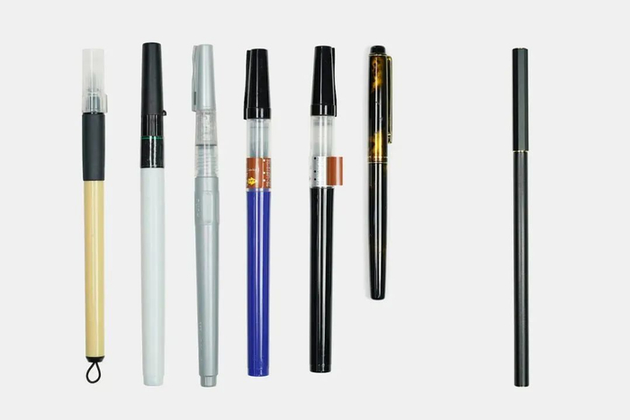 ▲市面上部分日式自来水毛笔和小管（最右）对比图