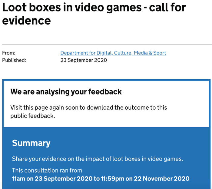 英国方面进行的Loot boxes in video games - call for evidence活动