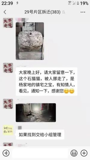 居民在微信群里讨论“石猫猫”去向 截图