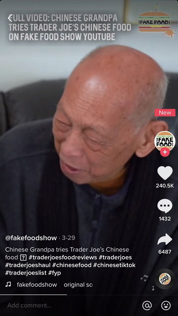 ▲TikTok用户发布“我的中国爷爷品尝乔氏超市里的中国美食”系列