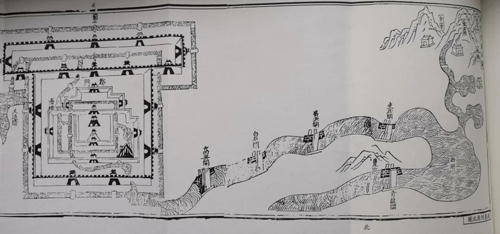 附图为明通粮厅郎中周之翰撰《万历通粮厅志》卷五《河渠志》中的“通惠河源流图”，明代通惠河上游源头水源汇聚至西湖（即元代瓮山泊、清代昆明湖）至通州城北关水道，标识沿途闸坝及官厅机构。