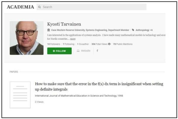 academia.edu网站上公布的芬兰学者凯斯·塔尔瓦宁（Kyösti Tarvainen）的信息页面截图 