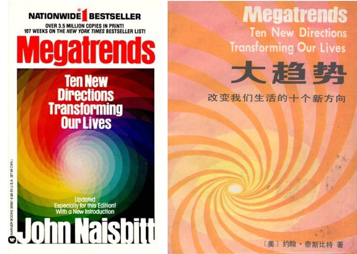 左图为约翰·奈斯比特的英文版《大趋势》，右图为新华出版社1984年出版的译本。