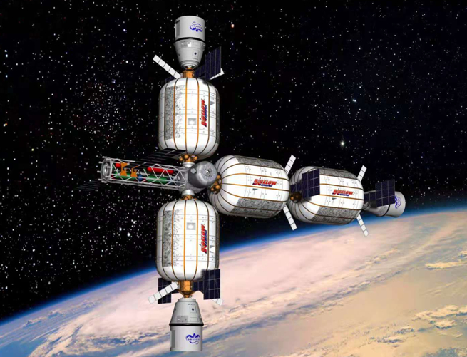 由4个充气式太空舱组成的太空旅馆示意图
