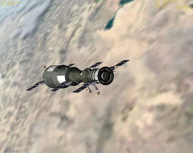 “礼炮1号”空间站与“联盟-11号”飞船组合体在轨飞行示意图