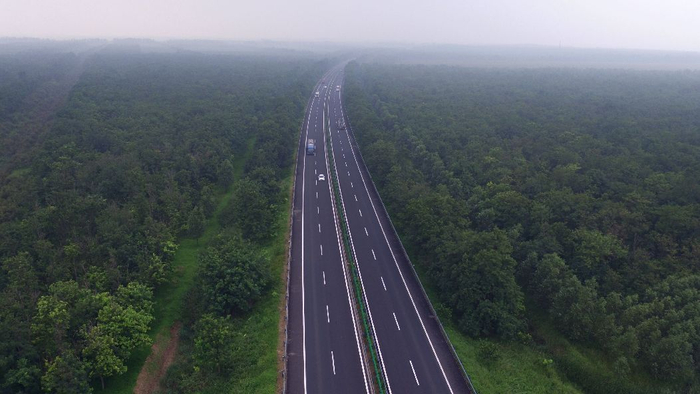 航拍山东东营“绿色公路”济东高速。 新华网发 李文洁摄