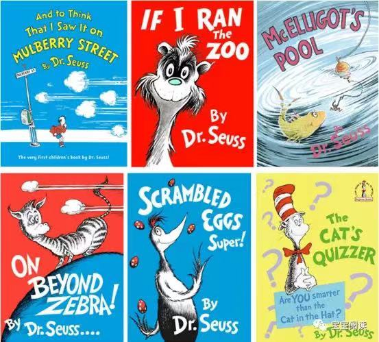 图为苏斯博士被撤下的六本绘本，分别是《我在桑树街上看到的一切》《如果我来经营动物园》《麦克莱格的水池》（McElligot‘s Pool）《超越斑马》（OnBeyond Zebra！）《超级炒鸡蛋》（Scrambled Eggs Super！）和《猫咪大猜谜》（TheCat’s Quizzer）。
