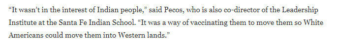 　　△《华盛顿邮报》的报道援引圣塔菲印第安学校领导力计划主任佩科思的话说，接种天花疫苗不是为了印第安人的利益，而是为了侵占他们的土地。