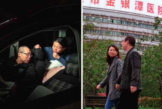 ▲ 疫情期间，武汉市金银潭医院医护夫妻涂盛锦和曹珊曾“以车为家”。这个春天的下班路上，涂盛锦和曹珊牵手回家 熊琦摄/本刊