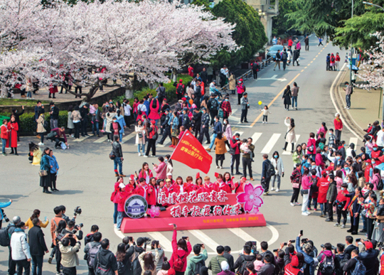▲ 3月13日，来自全国各地的援鄂抗疫英雄在武汉大学樱花树下重逢，尽享樱花之约 肖艺九摄/本刊