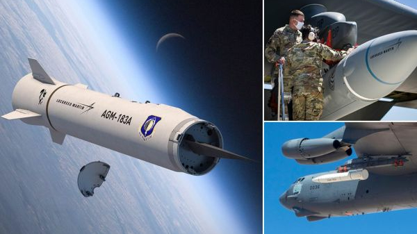 右图为B-52“同温层堡垒”轰炸机挂载AGM-183A空射快速反应武器。左图为AGM-183A空射快速反应武器抛弃整流罩，助推器与滑翔飞行器即将分离瞬间。（英国《每日邮报》网站）