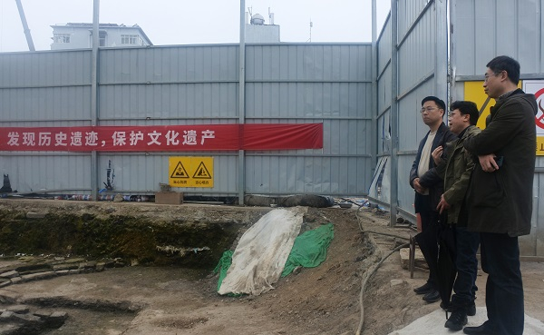 鲁静（左一）实地查看武昌城武胜门遗址保护现场　付静摄