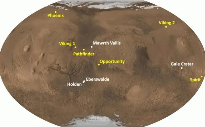 △火星探测器着陆地点（图片来源：NASA）