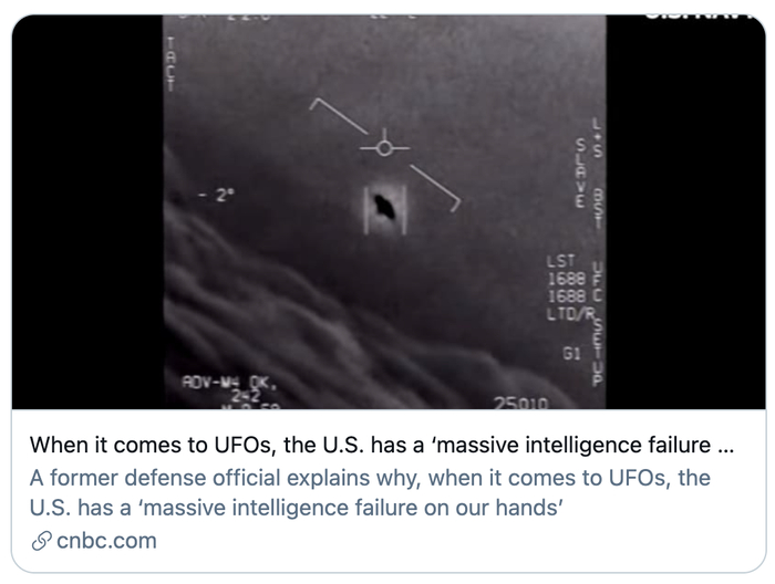 前美国国防部官员说，谈到UFO，美国面临“巨大的情报缺乏”。/CNBC报道截图