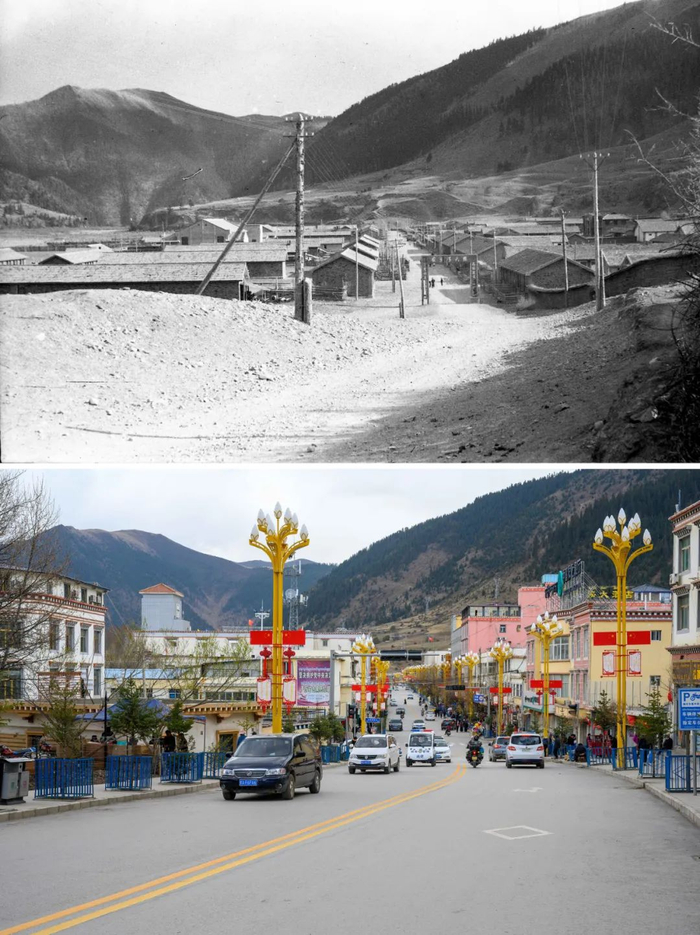 上图：1981年类乌齐县政府所在地桑多镇主干道。李纯民摄 下图：2021年5月4日拍摄的乌齐县政府所在地桑多镇主干道。本报记者刘金海摄