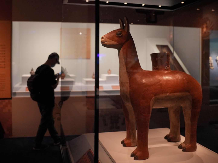大羊驼形彩陶容器吸引参观者驻足