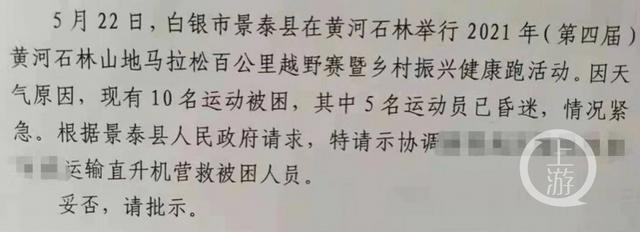 遭遇极端天气，参赛人员被困，当地申请用直升机营救的请示文件一部分内容。图片来源/网络