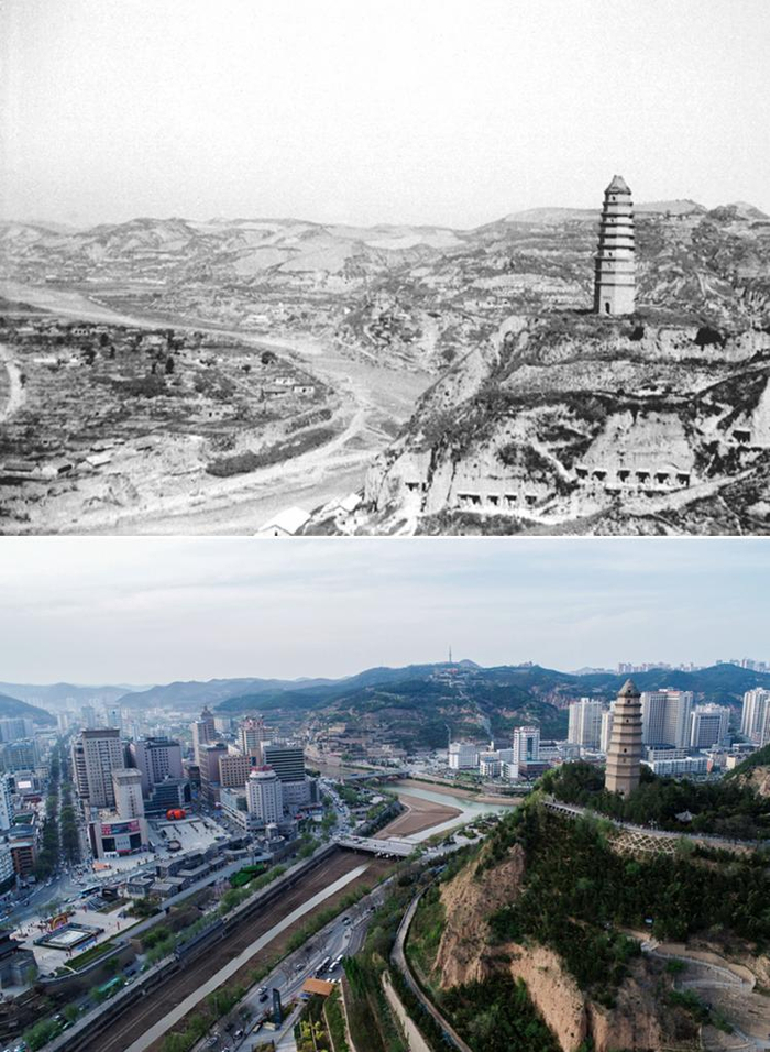 　　这是一张拼版照片，上图为：1938年拍摄的延安（资料照片，新华社发）；下图为：2021年4月22日拍摄的延安市（无人机照片，新华社记者张博文摄）。新华社发