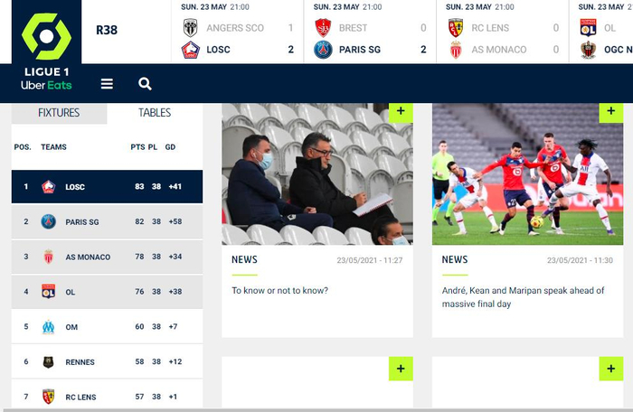 法甲官网首页左侧，是本赛季最终的积分榜。