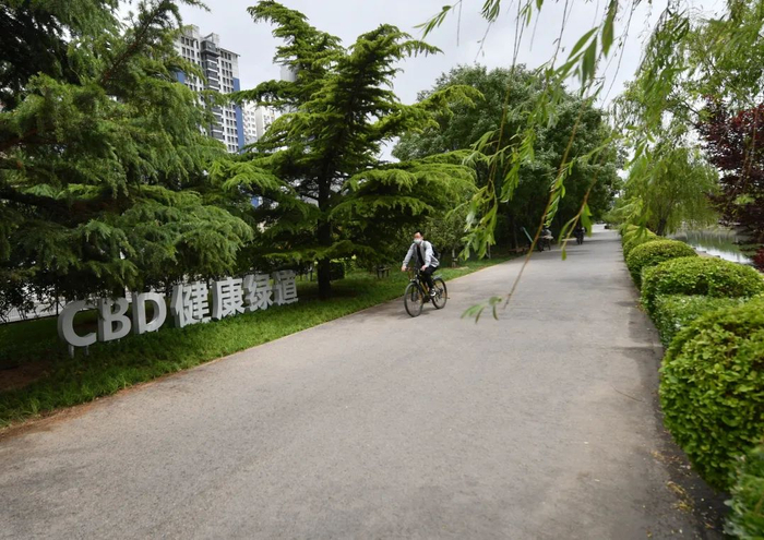 ▲5月24日，市民骑行在通惠河北侧CBD健康绿道。新京报记者 王贵彬 摄