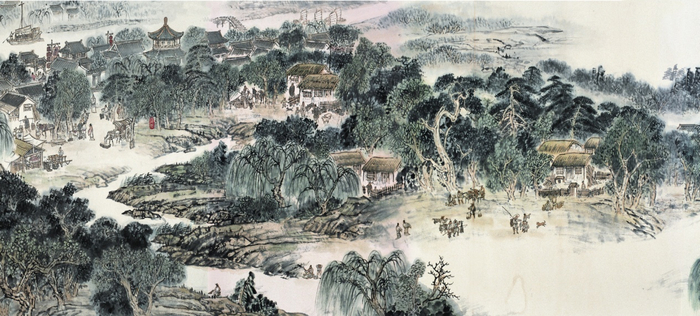 图为《古运回望图》分段画卷——杨柳青篇