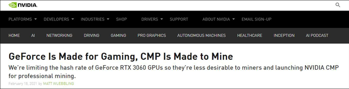 英伟达2月宣布，限制RTX3060显卡的哈希速率，并为挖矿用户提供专业的CMP，博客截图