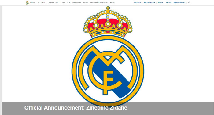皇马在官网首页发布齐达内离任的公告。