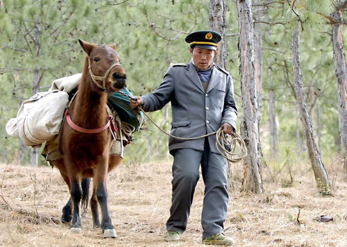 这是四川凉山彝族自治州木里藏族自治县的马班邮递员王顺友和他的枣红马（2005年1月12日摄）。新华社 记者 陈凯 摄