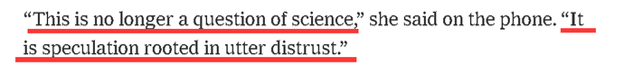图为《纽约时报》这篇以“石正丽开口了”为噱头的报道中，仅有的几处给出了石正丽“原话”的部分