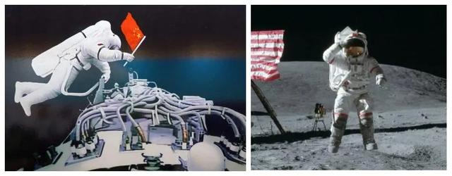 左图为2008年9月27日中国航天员穿舱外服执行出舱任务，右图为阿波罗（Apollo 14）月球出舱任务（图片来源：NASA官网） 