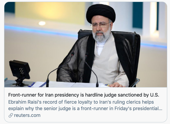 “伊朗总统选举领跑者是被美国制裁的强硬派法官。”/CNN报道截图