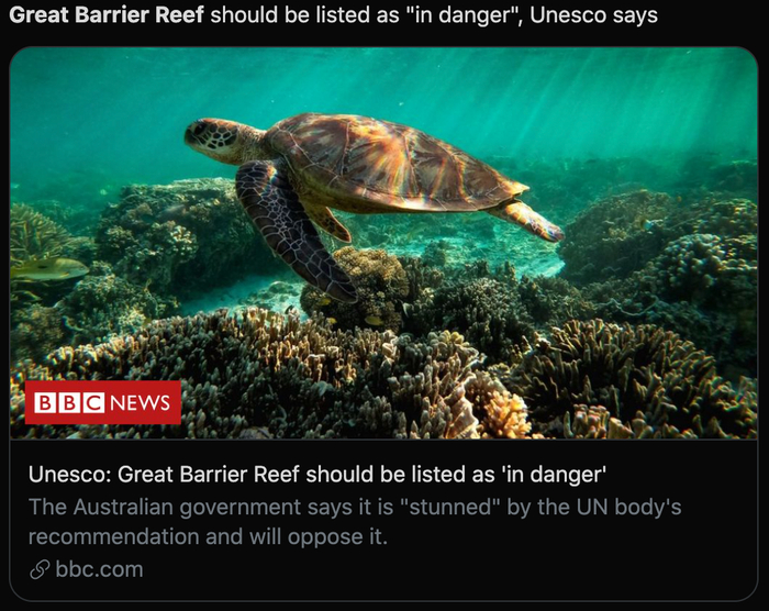 联合国教科文组织称大堡礁应列入濒危世界遗产名录。/BBC报道截图