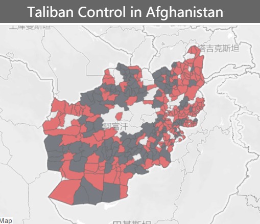 塔利班占领的地区（黑色），争夺的地区（黑色） 图丨long war journal