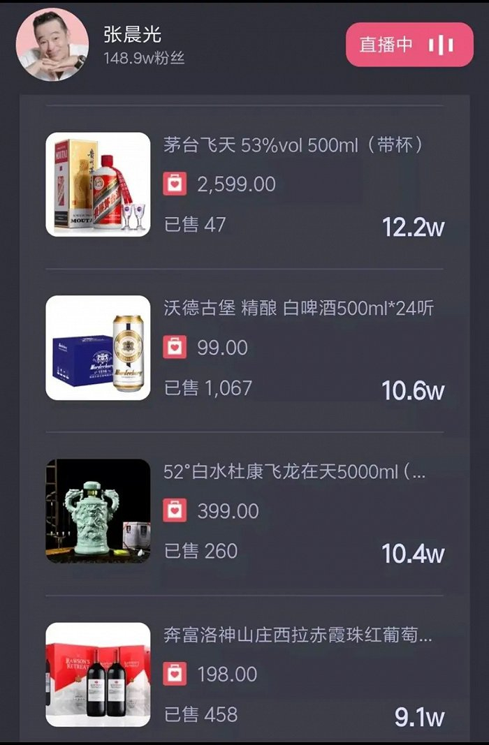 张晨光直播带货的酒品，售价最高的一款“茅台”为2599元