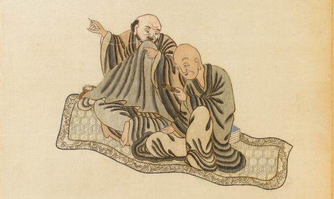 图12清 刺绣《十六罗汉图》册之一（局部），上海博物馆藏