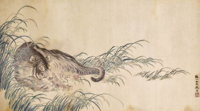 图15清末民初 沈立 刺绣《草间卧虎图》，上海博物馆藏