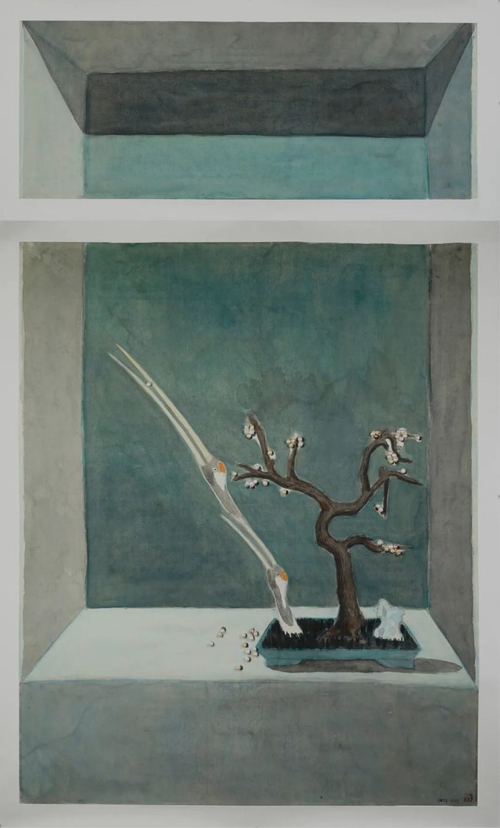《留·鹤》饶凌华，185×102cm，绢本设色，2021年