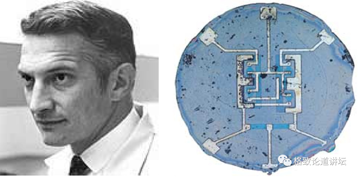 ▲ 诺伊斯（Bob Noyce）和掩膜版曝光刻蚀方法制造的集成电路