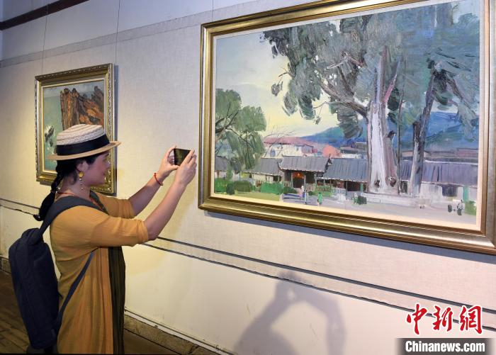 参展作品吸引一位女性观众观看。　刘可耕 摄